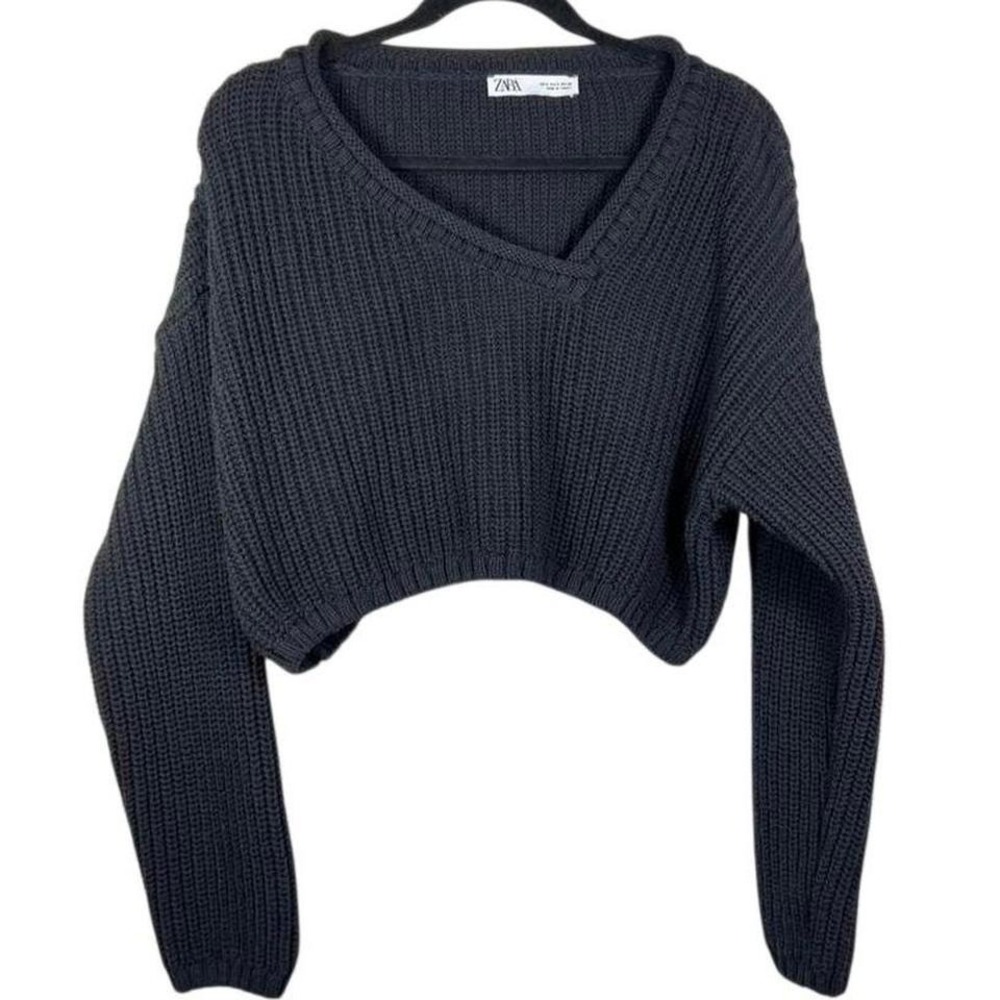 Zara Womens Cropped Ribbed Knit Sweater Asymmetrical V-Neck Black Small